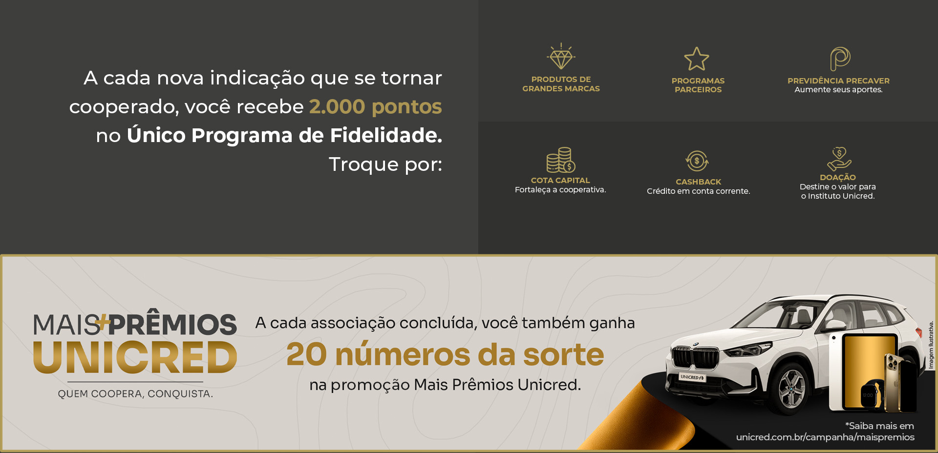 A cada nova associação concluida, você ganha pontos para trocar por cotacapital, vaigens, shopping, previdencia privada e cashback