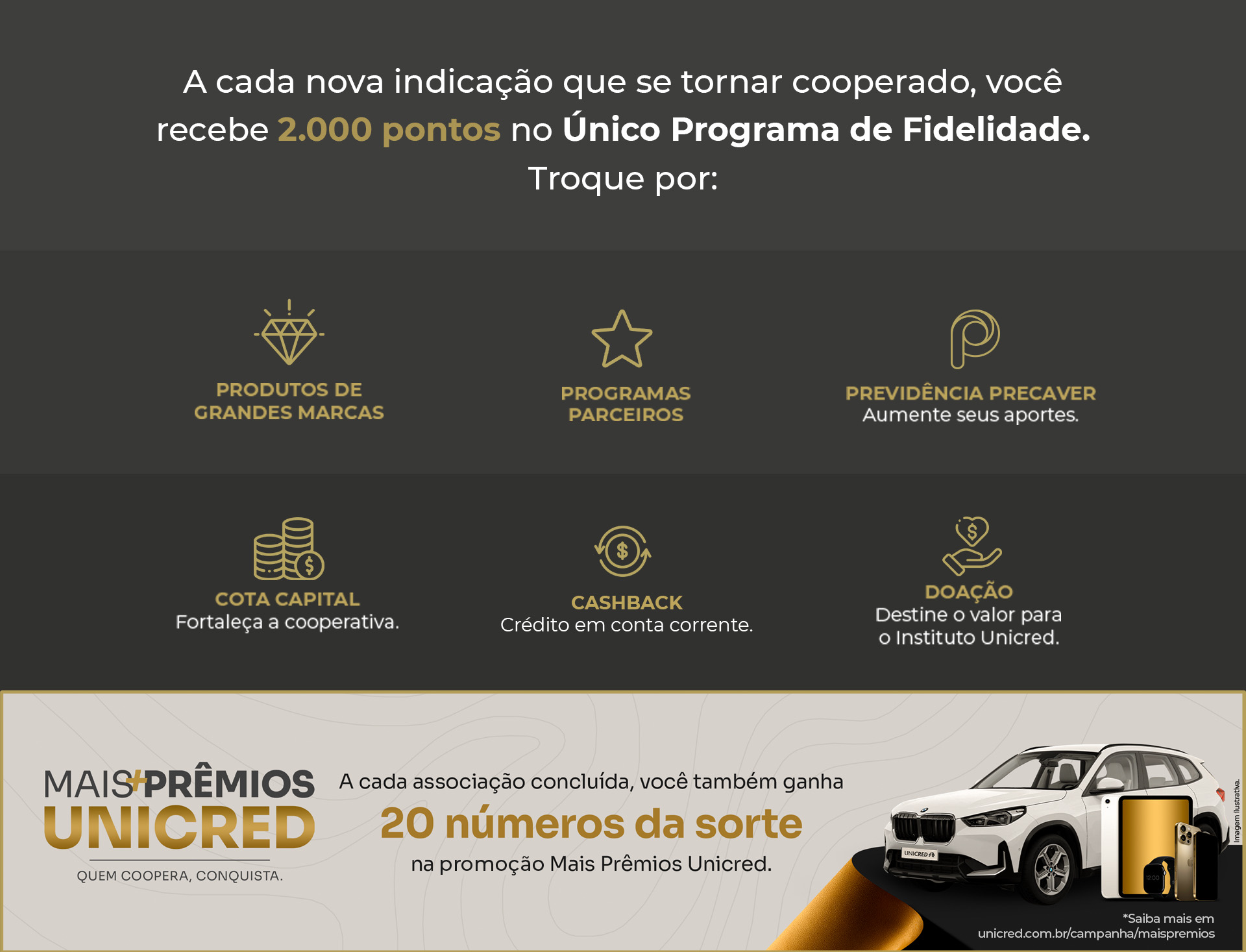 A cada nova associação concluida, você ganha pontos para trocar por cotacapital, vaigens, shopping, previdencia privada e cashback